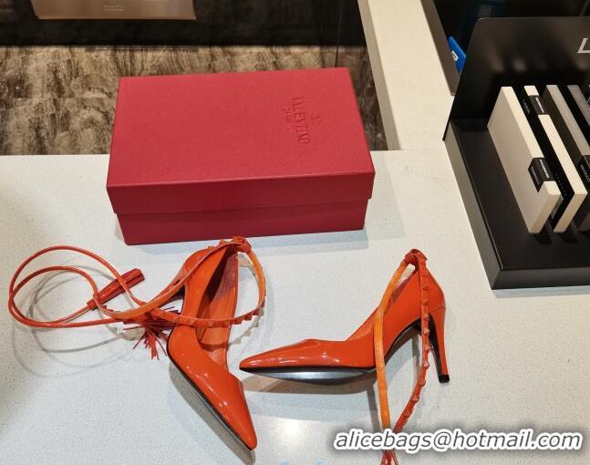 Low Price Valentino Roman Stud Shiny Lambskin 5cm Pumps with Tassel Strap 011177 Orange