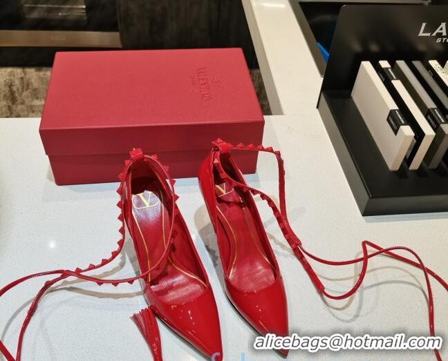 Popular Style Valentino Roman Stud Shiny Lambskin 5cm Pumps with Tassel Strap 011179 Red