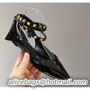 Fashion Valentino Roman Stud Shiny Lambskin Ballerinas with Tassel Strap 011181 Black