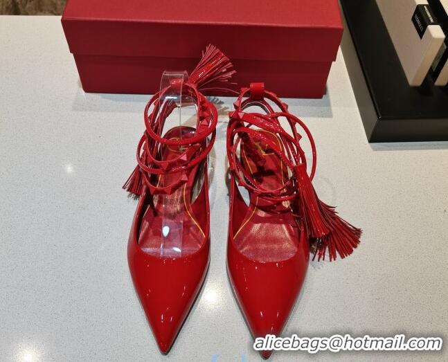 Fashion Valentino Roman Stud Shiny Lambskin Ballerinas with Tassel Strap 011181 Red