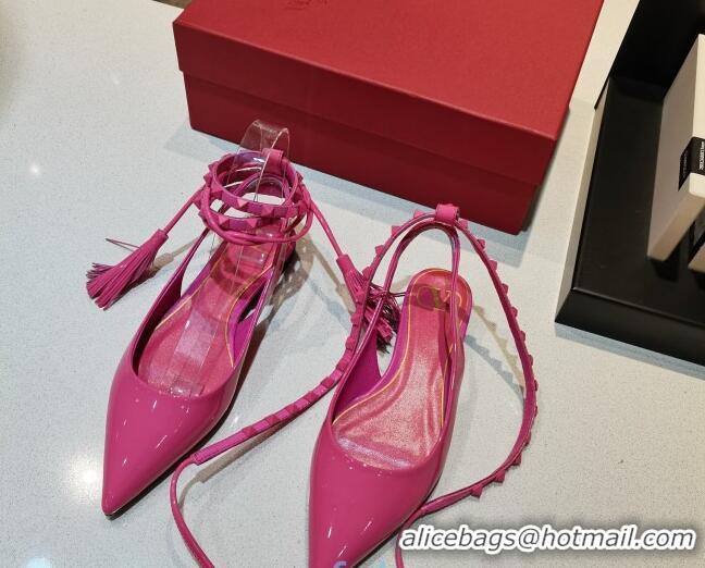 Best Luxury Valentino Roman Stud Shiny Lambskin Ballerinas with Tassel Strap 011181 Pink