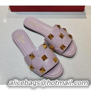 Good Quality Valentino Roman Stud Flat Slide Sandals in Quilted Nappa Lambskin 011185 Purple