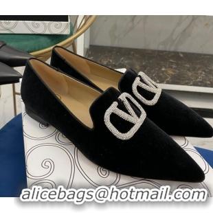 Super Quality Valentino Crystal VLogo Velvet Flat Loafers with Pointed Toe 012301 Black 2021