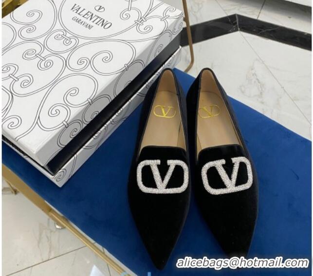 Super Quality Valentino Crystal VLogo Velvet Flat Loafers with Pointed Toe 012301 Black 2021