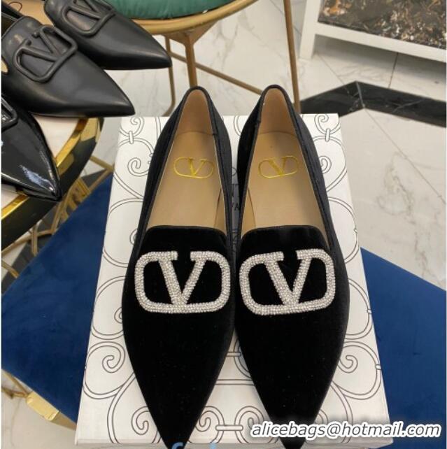 Super Quality Valentino Crystal VLogo Velvet Flat Loafers with Pointed Toe 012301 Black 2021