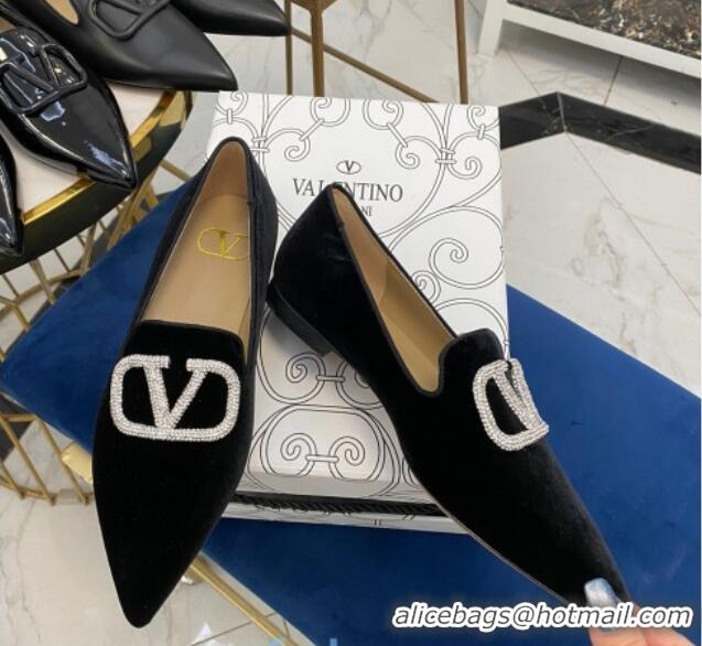 Super Quality Valentino Crystal VLogo Velvet Flat Loafers with Pointed Toe 012301 Black 2021