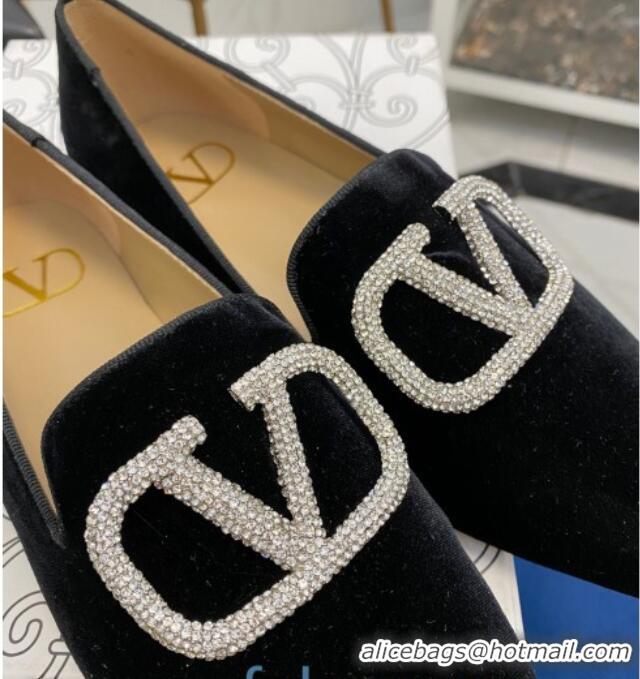 Super Quality Valentino Crystal VLogo Velvet Flat Loafers with Pointed Toe 012301 Black 2021