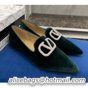 Best Design Valentino Crystal VLogo Velvet Flat Loafers with Pointed Toe 012301 Green 2021