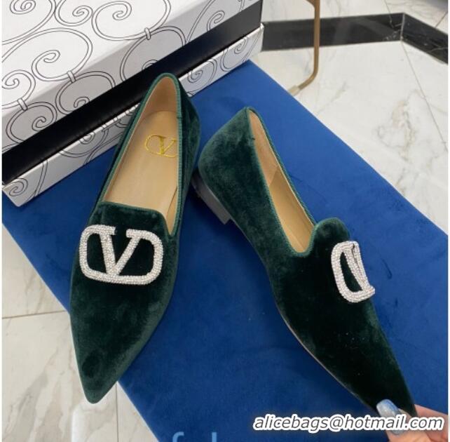 Best Design Valentino Crystal VLogo Velvet Flat Loafers with Pointed Toe 012301 Green 2021