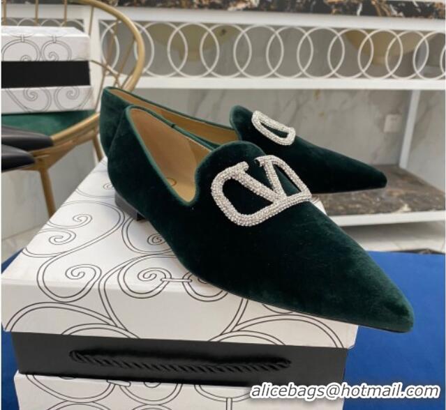 Best Design Valentino Crystal VLogo Velvet Flat Loafers with Pointed Toe 012301 Green 2021