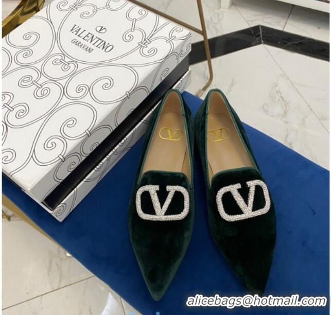 Best Design Valentino Crystal VLogo Velvet Flat Loafers with Pointed Toe 012301 Green 2021