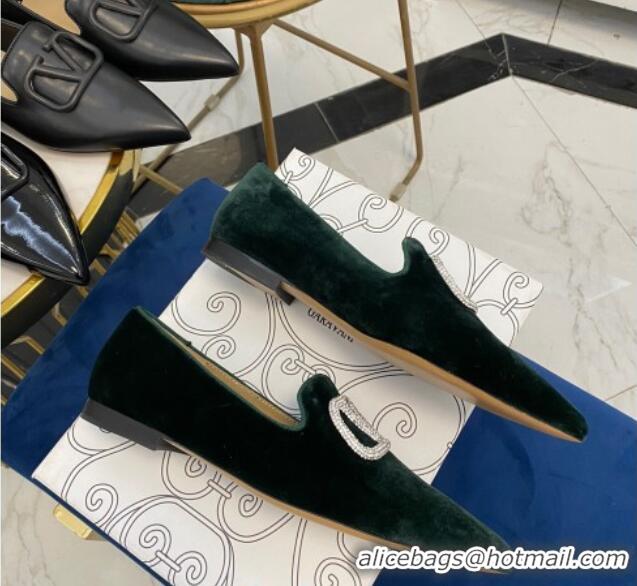 Best Design Valentino Crystal VLogo Velvet Flat Loafers with Pointed Toe 012301 Green 2021