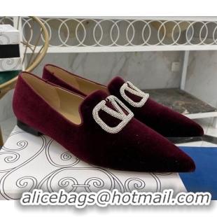 Grade Design Valentino Crystal VLogo Velvet Flat Loafers with Pointed Toe 012301 Burgundy 2021