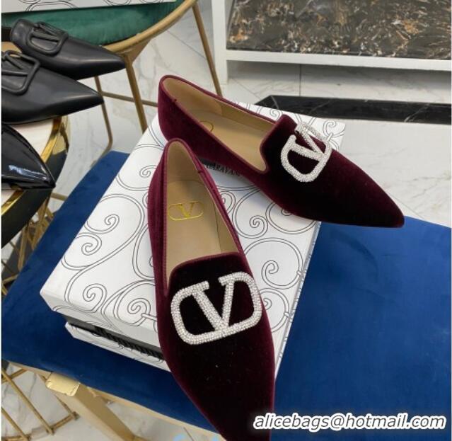 Grade Design Valentino Crystal VLogo Velvet Flat Loafers with Pointed Toe 012301 Burgundy 2021