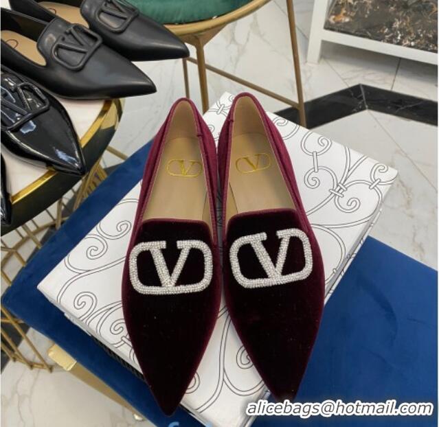 Grade Design Valentino Crystal VLogo Velvet Flat Loafers with Pointed Toe 012301 Burgundy 2021