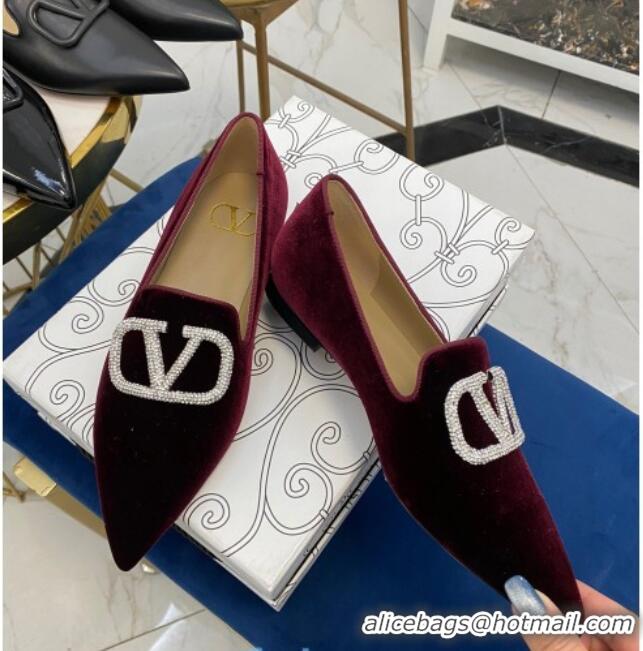 Grade Design Valentino Crystal VLogo Velvet Flat Loafers with Pointed Toe 012301 Burgundy 2021