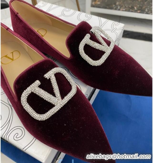 Grade Design Valentino Crystal VLogo Velvet Flat Loafers with Pointed Toe 012301 Burgundy 2021