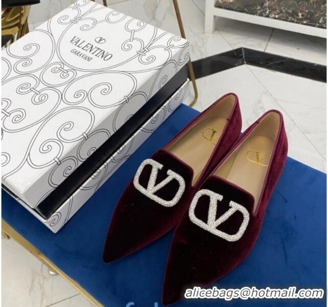 Grade Design Valentino Crystal VLogo Velvet Flat Loafers with Pointed Toe 012301 Burgundy 2021