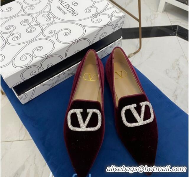 Grade Design Valentino Crystal VLogo Velvet Flat Loafers with Pointed Toe 012301 Burgundy 2021