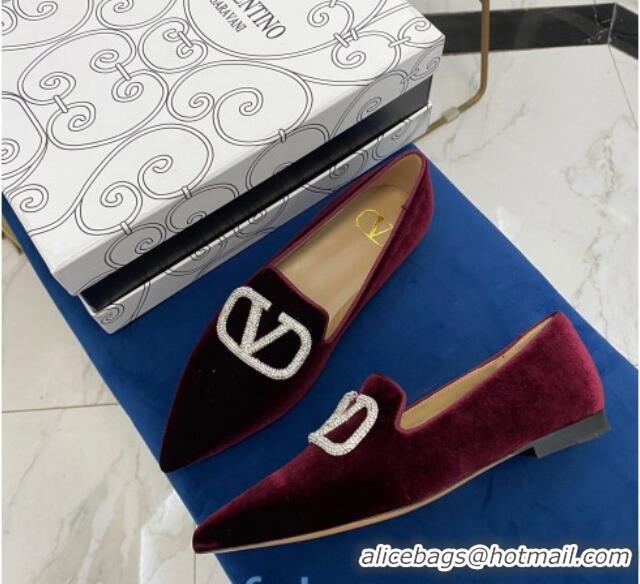 Grade Design Valentino Crystal VLogo Velvet Flat Loafers with Pointed Toe 012301 Burgundy 2021