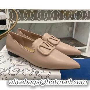 Best Price Valentino VLogo Calfskin Flat Loafers with Pointed Toe 012304 Nude 2021