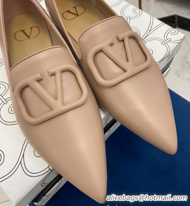 Best Price Valentino VLogo Calfskin Flat Loafers with Pointed Toe 012304 Nude 2021