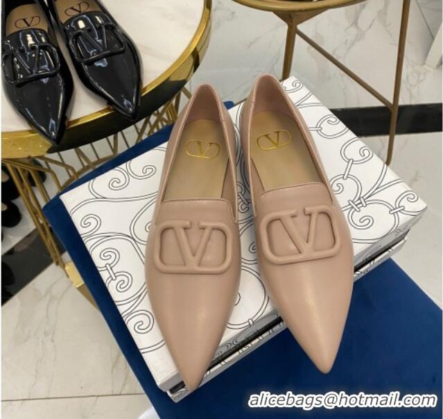 Best Price Valentino VLogo Calfskin Flat Loafers with Pointed Toe 012304 Nude 2021