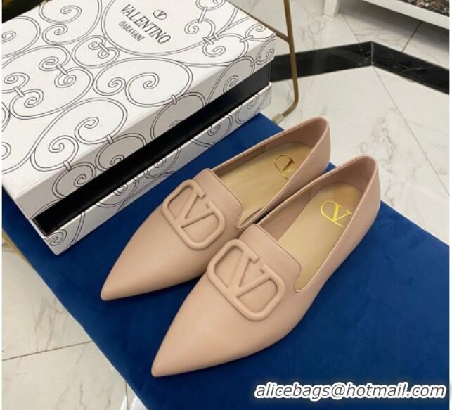 Best Price Valentino VLogo Calfskin Flat Loafers with Pointed Toe 012304 Nude 2021