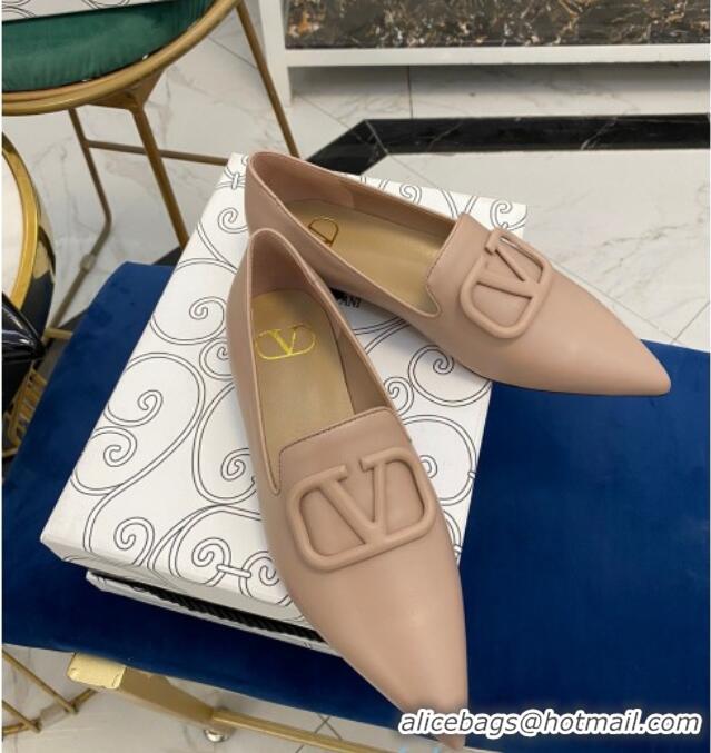 Best Price Valentino VLogo Calfskin Flat Loafers with Pointed Toe 012304 Nude 2021