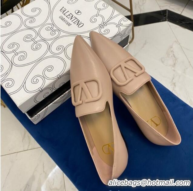 Best Price Valentino VLogo Calfskin Flat Loafers with Pointed Toe 012304 Nude 2021