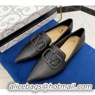 Low Price Valentino VLogo Calfskin Flat Loafers with Pointed Toe 012304 Black 2021