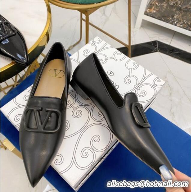 Low Price Valentino VLogo Calfskin Flat Loafers with Pointed Toe 012304 Black 2021