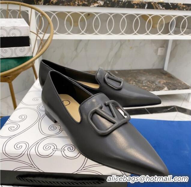 Low Price Valentino VLogo Calfskin Flat Loafers with Pointed Toe 012304 Black 2021