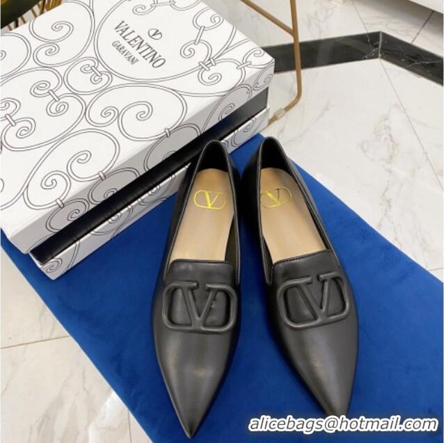 Low Price Valentino VLogo Calfskin Flat Loafers with Pointed Toe 012304 Black 2021