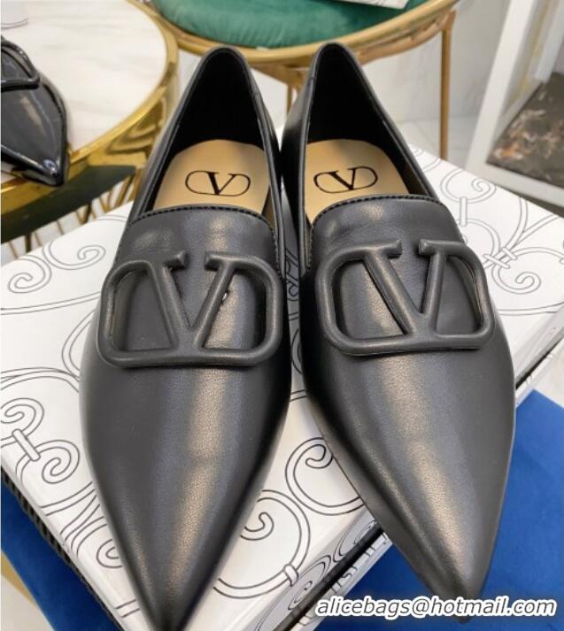 Low Price Valentino VLogo Calfskin Flat Loafers with Pointed Toe 012304 Black 2021