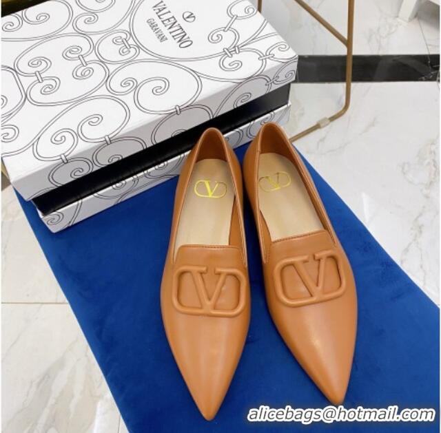 Good Product Valentino VLogo Calfskin Flat Loafers with Pointed Toe 012304 Light Brown 2021