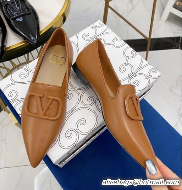 Good Product Valentino VLogo Calfskin Flat Loafers with Pointed Toe 012304 Light Brown 2021