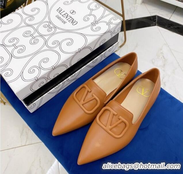 Good Product Valentino VLogo Calfskin Flat Loafers with Pointed Toe 012304 Light Brown 2021