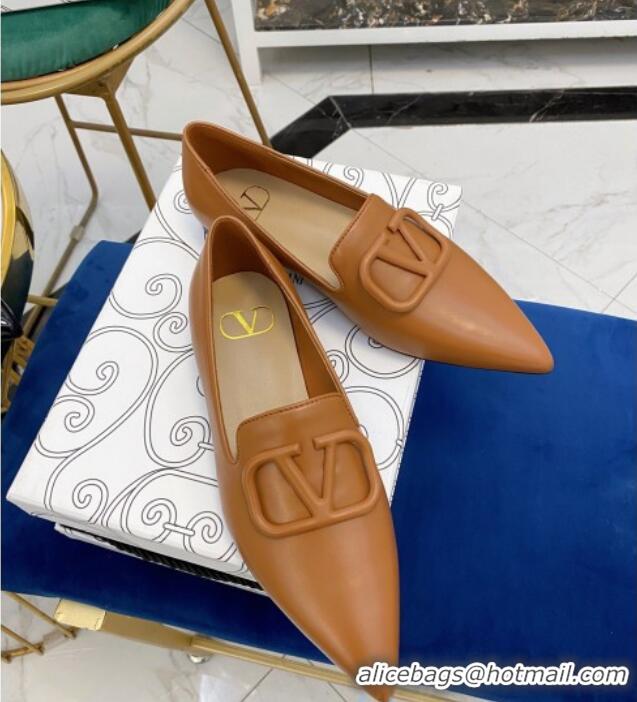 Good Product Valentino VLogo Calfskin Flat Loafers with Pointed Toe 012304 Light Brown 2021