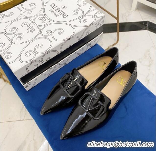 Cute Valentino VLogo Patent Leather Flat Loafers with Pointed Toe 012307 Black