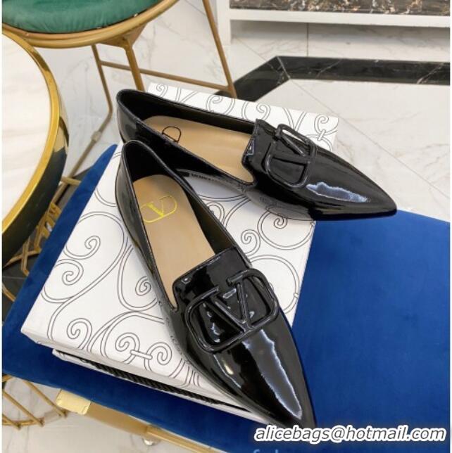 Cute Valentino VLogo Patent Leather Flat Loafers with Pointed Toe 012307 Black