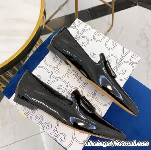 Cute Valentino VLogo Patent Leather Flat Loafers with Pointed Toe 012307 Black