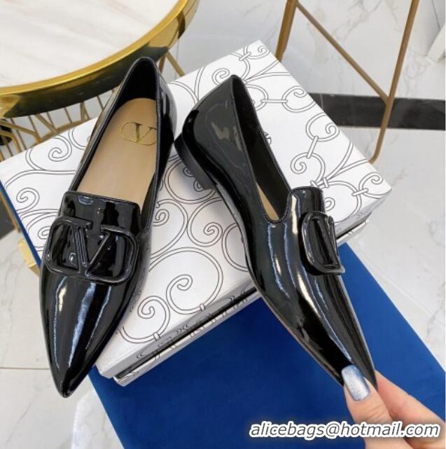 Cute Valentino VLogo Patent Leather Flat Loafers with Pointed Toe 012307 Black