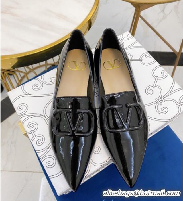 Cute Valentino VLogo Patent Leather Flat Loafers with Pointed Toe 012307 Black