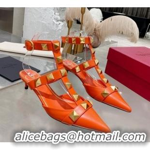 Top Quality Valentino Roman Stud Lambskin Strap Pumps 4cm 012518 Orange 2021