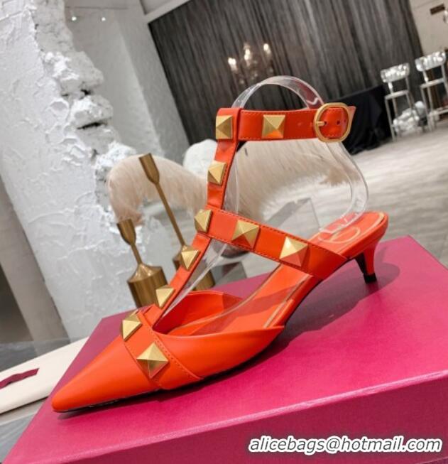 Top Quality Valentino Roman Stud Lambskin Strap Pumps 4cm 012518 Orange 2021