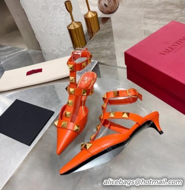 Top Quality Valentino Roman Stud Lambskin Strap Pumps 4cm 012518 Orange 2021