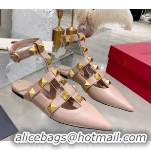 Affordable Price Valentino Roman Stud Lambskin Strap Mules 012524 Nude Pink 2021