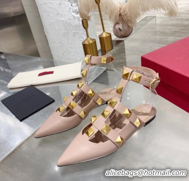 Affordable Price Valentino Roman Stud Lambskin Strap Mules 012524 Nude Pink 2021