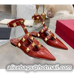 Good Quality Valentino Roman Stud Lambskin Strap Mules 012524 Burgundy 2021